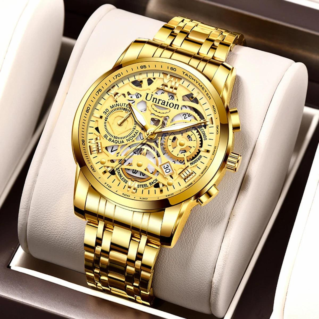 Unraion Men’s Business Watch – Luxury Chronograph with Golden Gold Dial, Water-Resistant Wristwatch