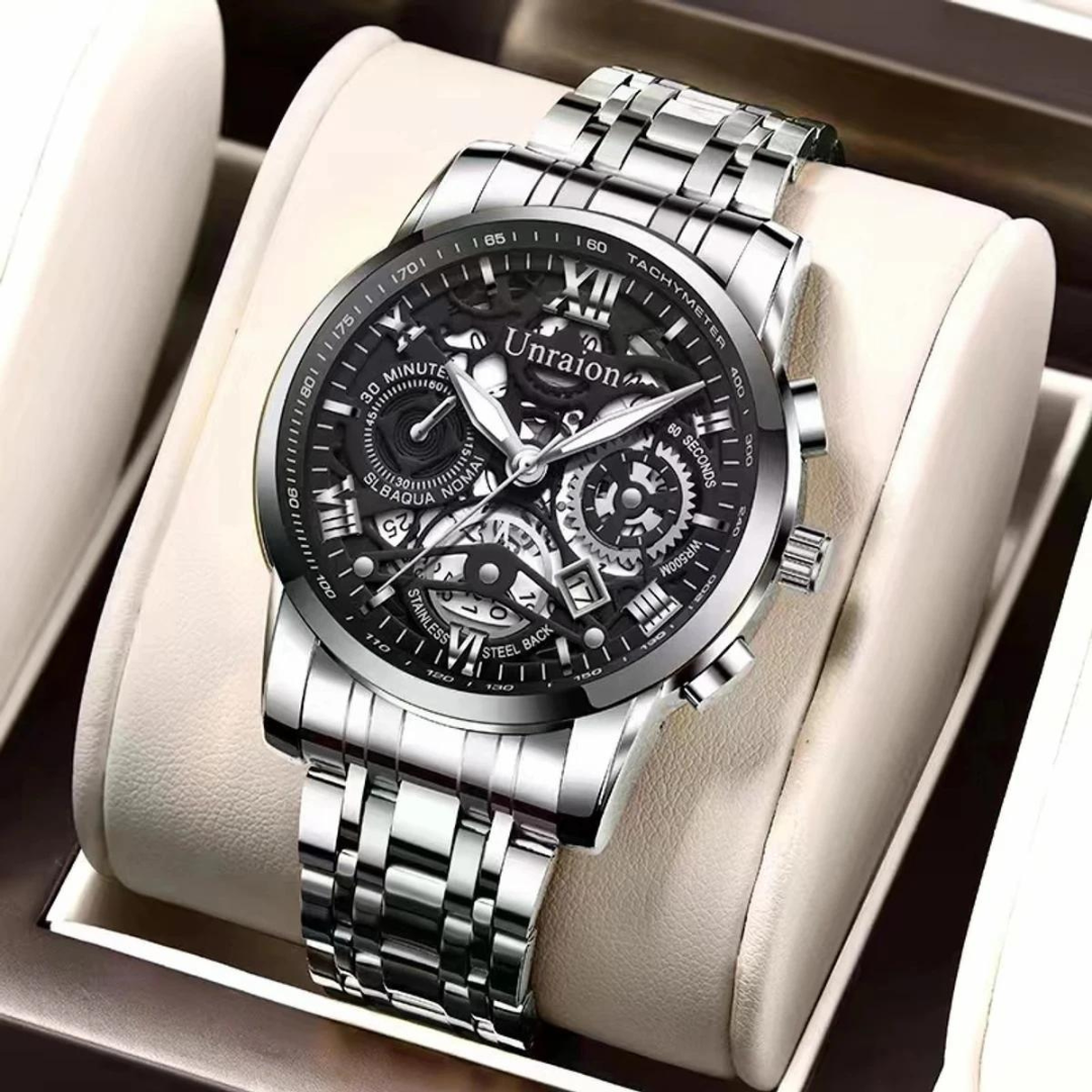 Unraion Men’s Luxury Chronograph Watch with Silver Black Dial – Water-Resistant