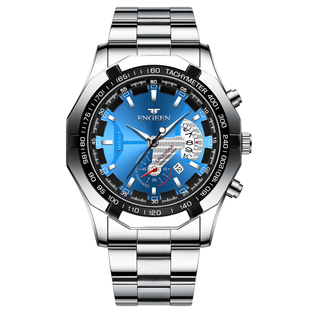 Fngeen Men’s Silver Blue Dial Watch – Stainless Steel, Waterproof, Luminous