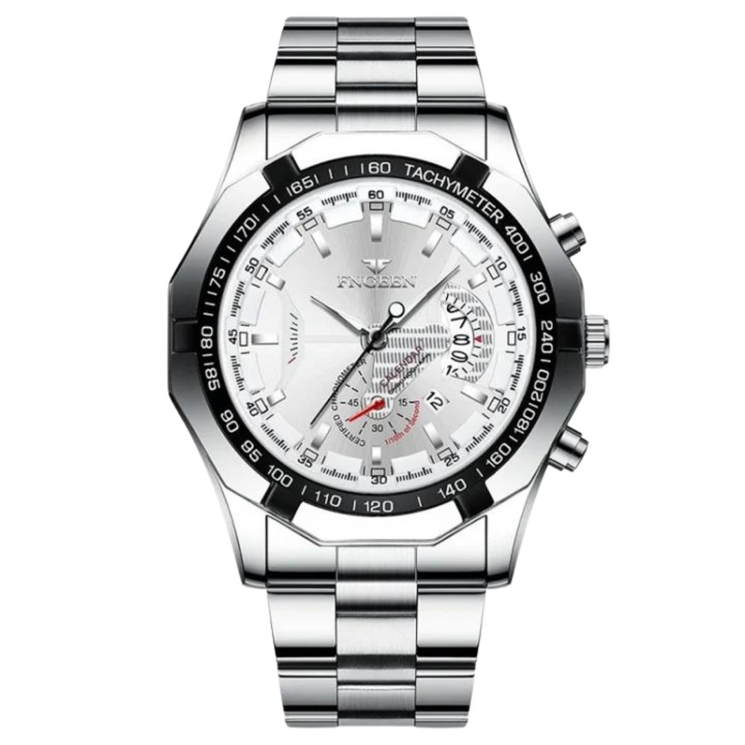 Fngeen Men’s Silver Watch: Sports, Waterproof, Calendar, Luminous Watch