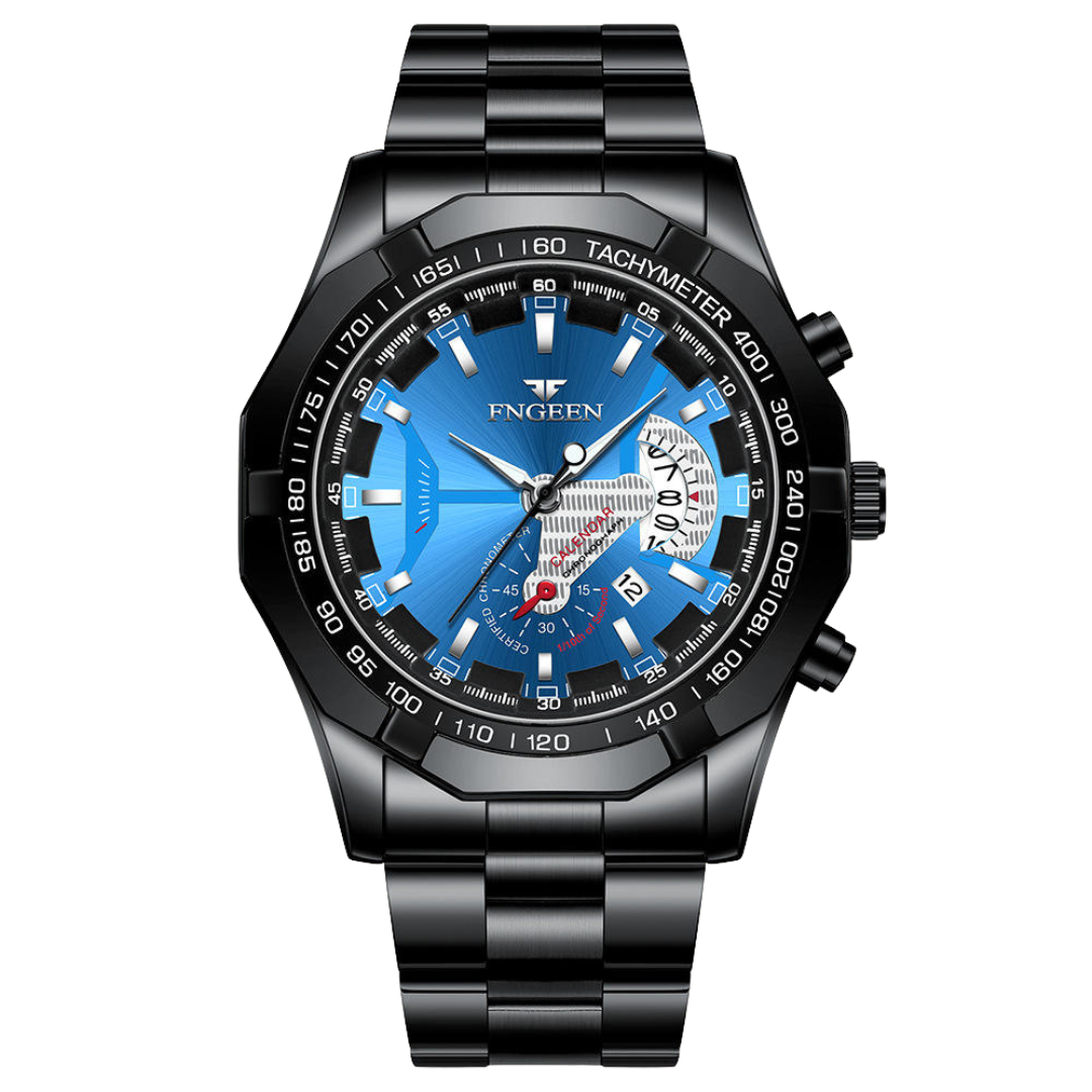 Fngeen Men’s Black & Blue Dial Watch | Stainless Steel Sports Watch with Luminous & Calendar | Waterproof Business Wristwatch