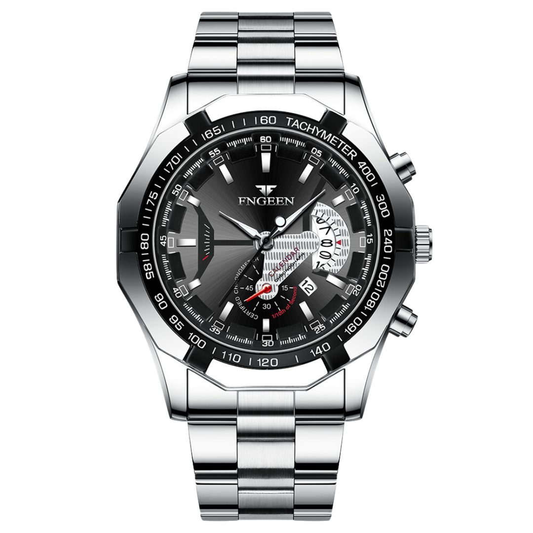 Fngeen Men’s Silver Black Dial Watch | Sports, Business, Waterproof, Luminous WristWatch