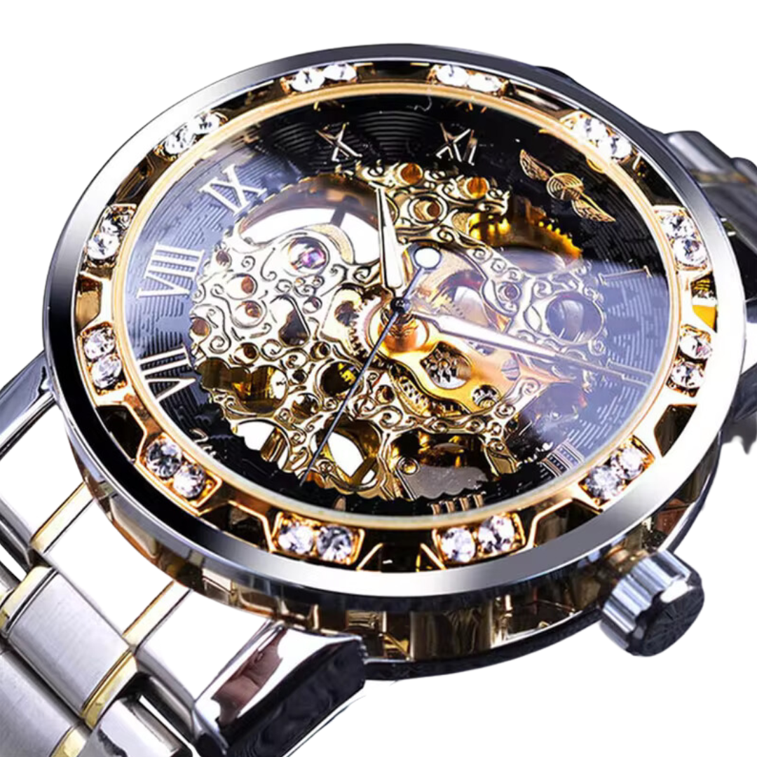 Winner Men’s Luxury Skeleton Watch – Mechanical Fashion Timepiece with Silver Gold and Black Dial