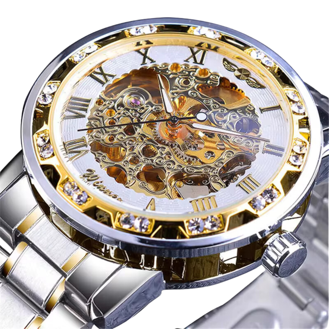 Winner Men’s Luxury Automatic Mechanical Watch – Silver & Gold Skeleton Dial