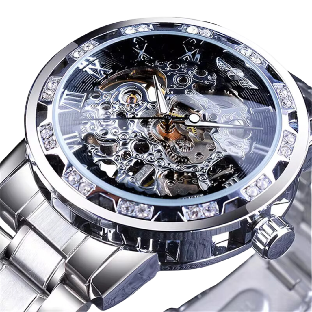 Winner Men’s Luxury Automatic Mechanical Watch – Silver & Black Dial Skeleton Clock