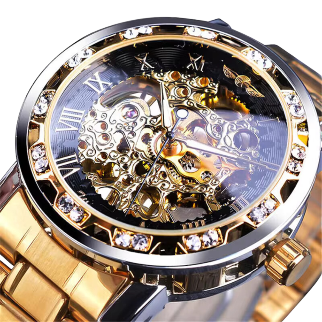 Winner Men’s Luxury Automatic Mechanical Watch – Golden Black Dial Skeleton Design